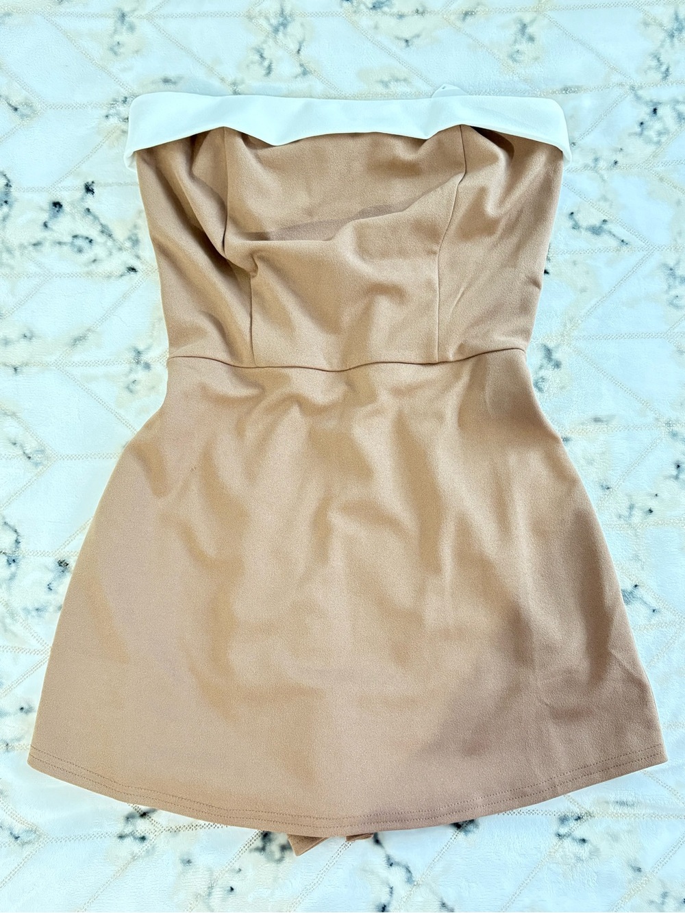Rainbow Strapless Tan Dress with White Trim
